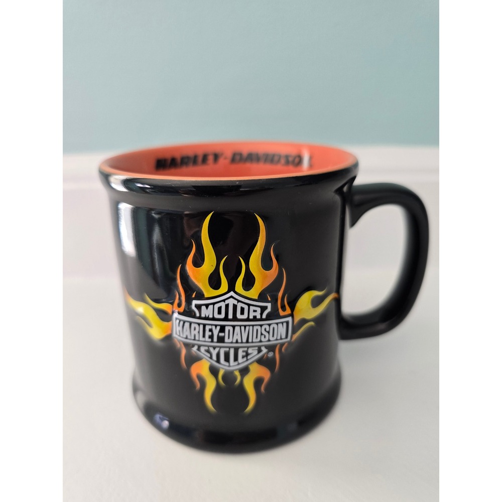 Harley-Davidson Coffee Mug Black Orange‎ Flame Bar & Shield Logo 2002 Ceramic